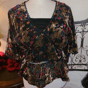 Anthropologie Willow & Clay Burnout Velvet Blouse Top M Gold Red Black